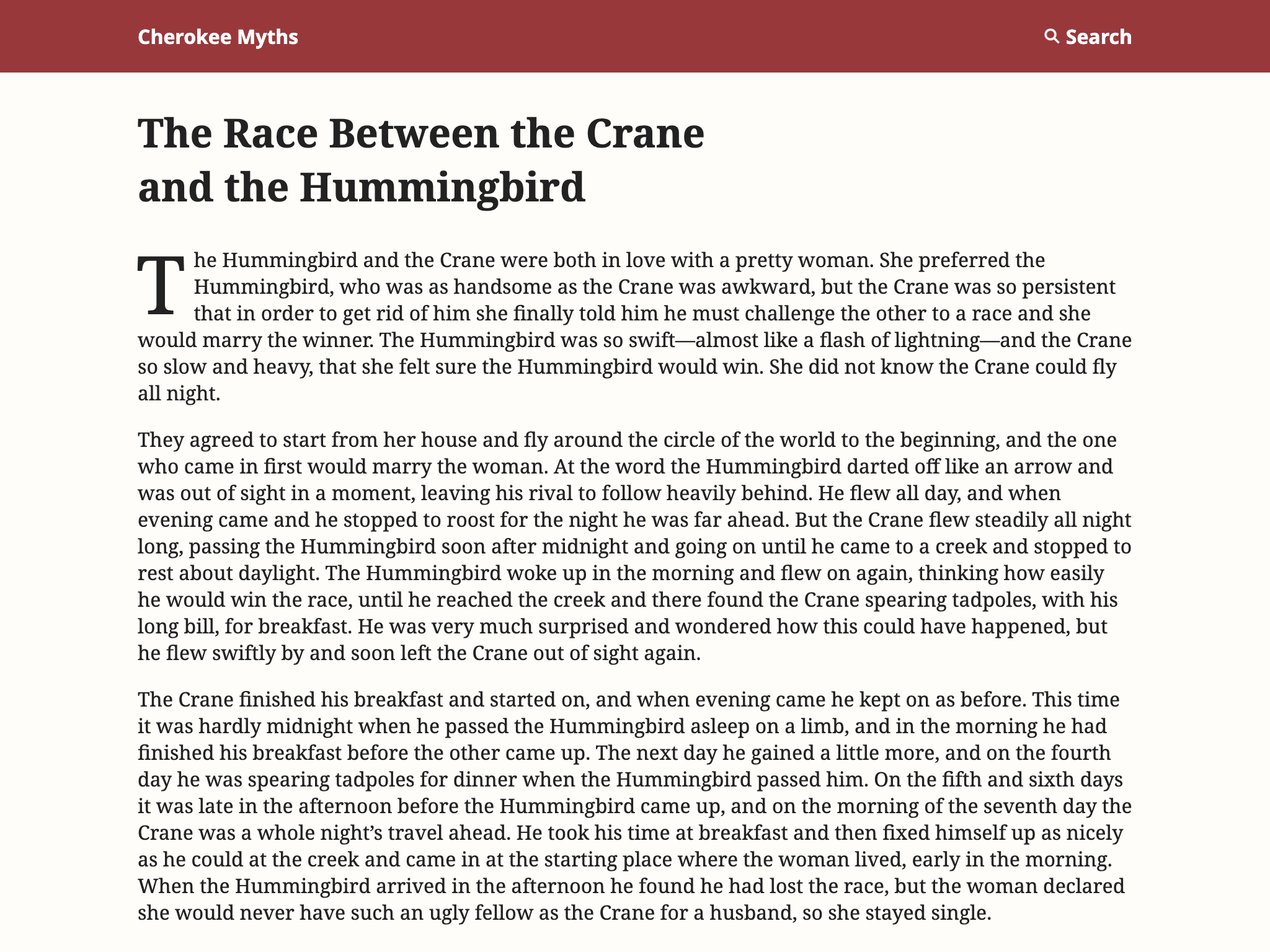 Cherokee Myth of the Race Between the Crane and the Hummingbird