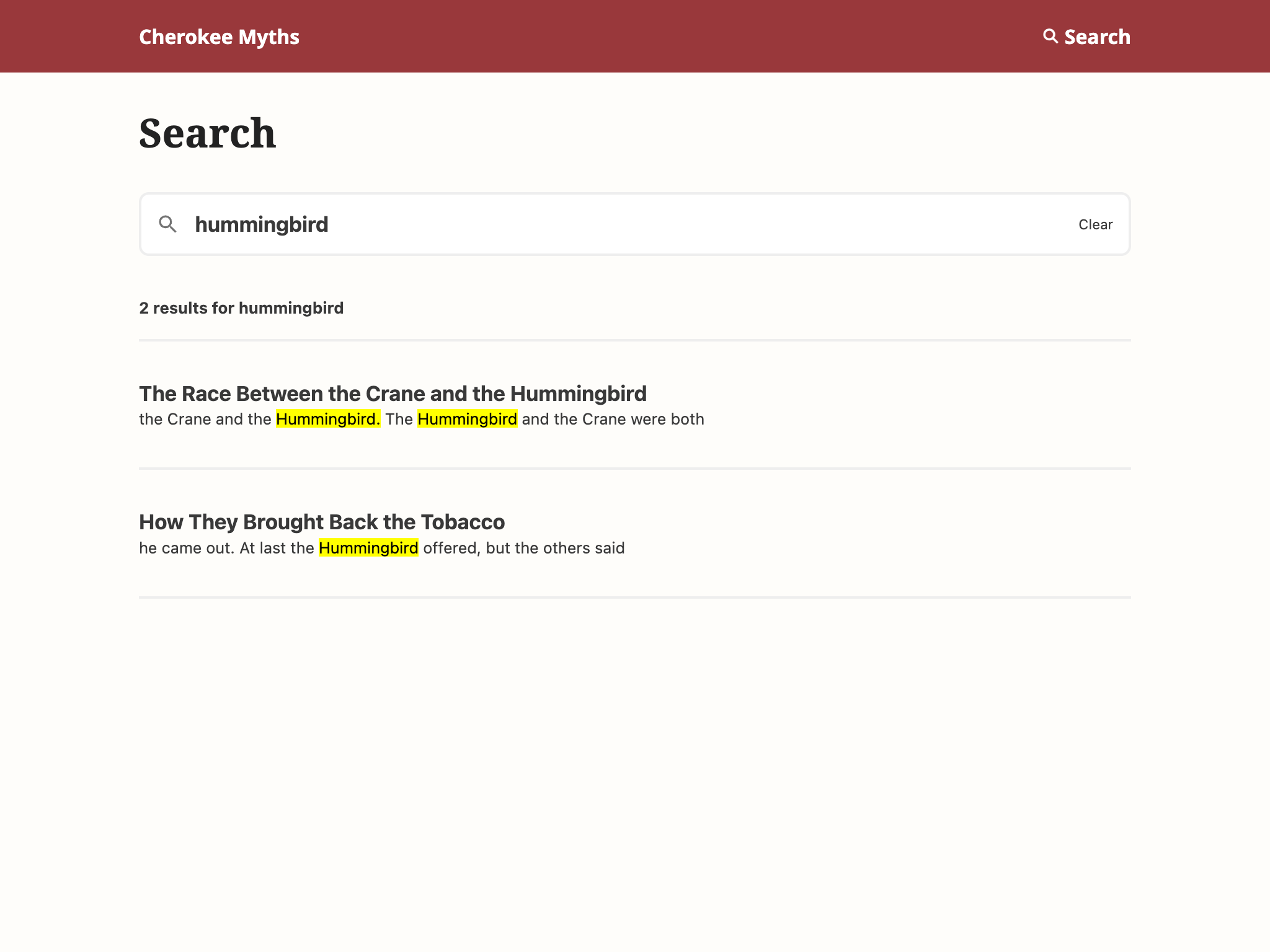 Search page showing that 'hummingbird' produces two hits