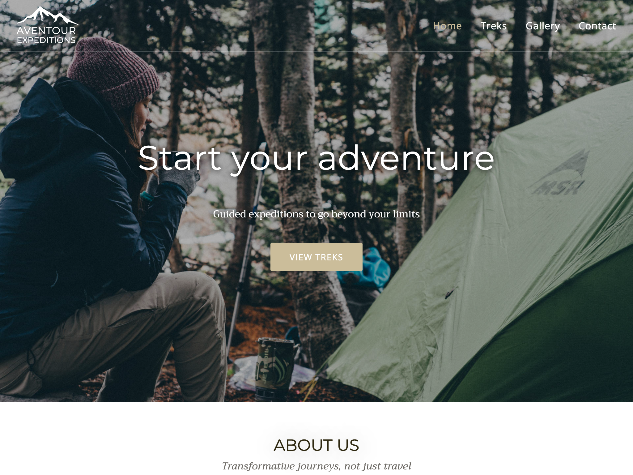 Home page for an outdoor trekking company with tagline 'Start your adventure'