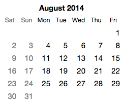 Calendar (English, starts on Saturday)
